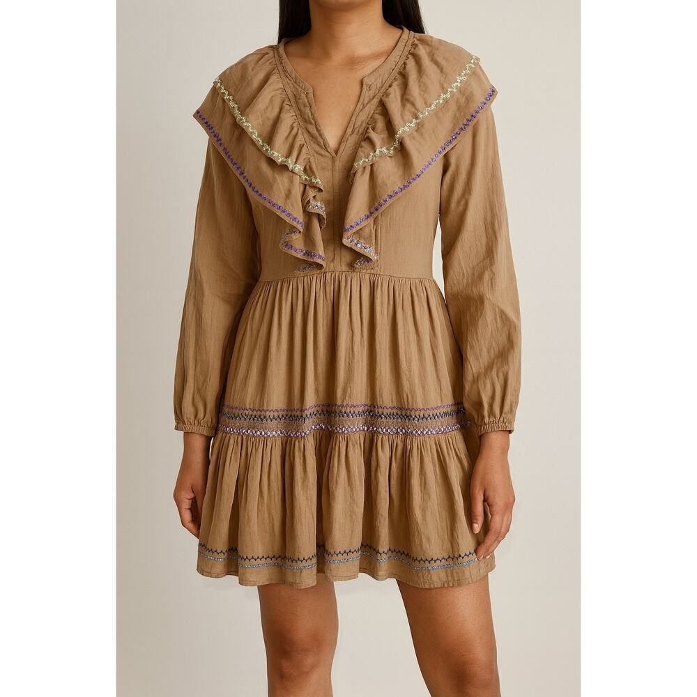 Something Navy Tan Embroidered Ruffle Long Sleeve Dress Size Small